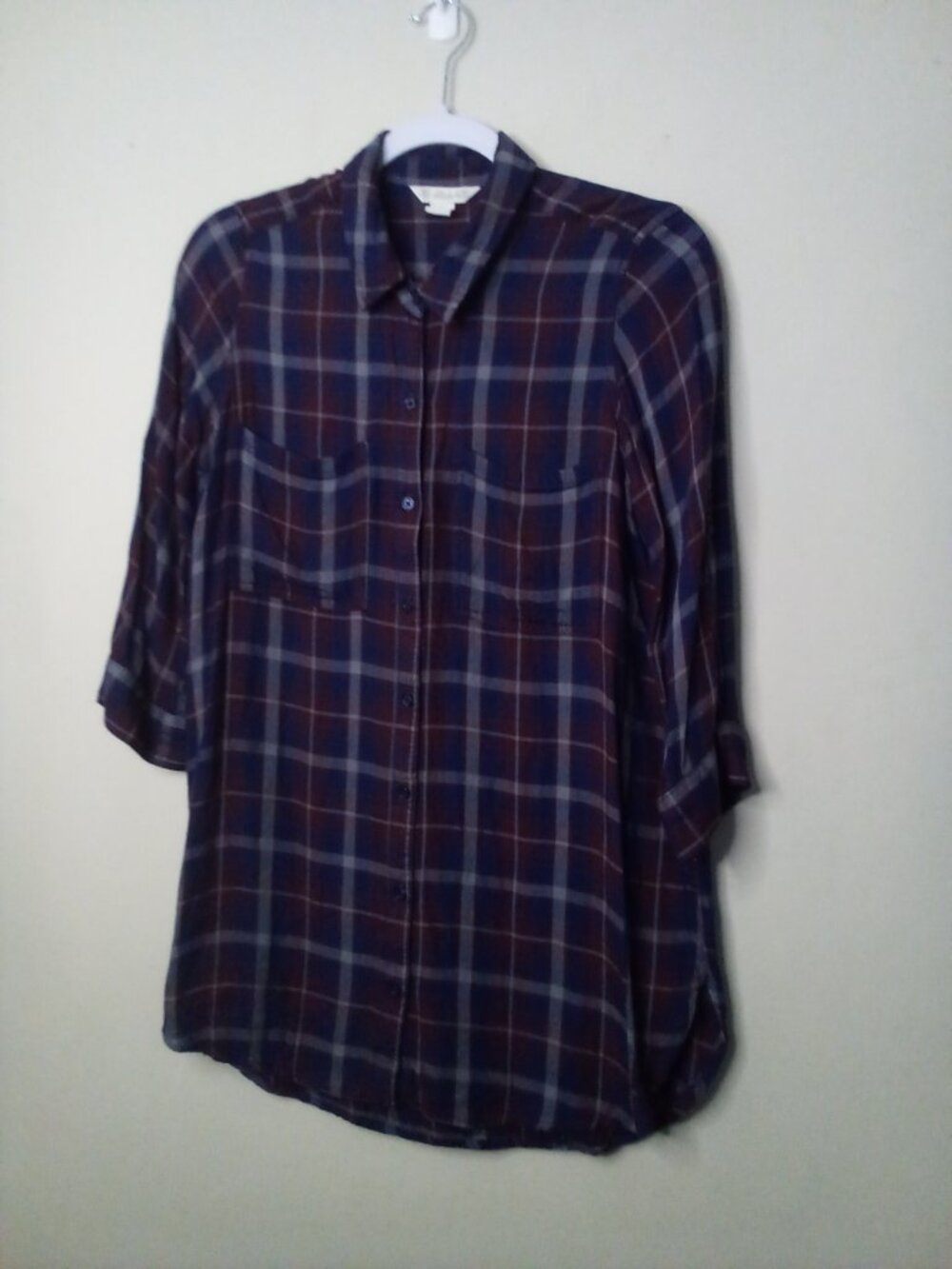 Khakis & Co Women S Button Up 3/4 Sleeve Pockets Plaid Red Blue - Picture 2 of 15